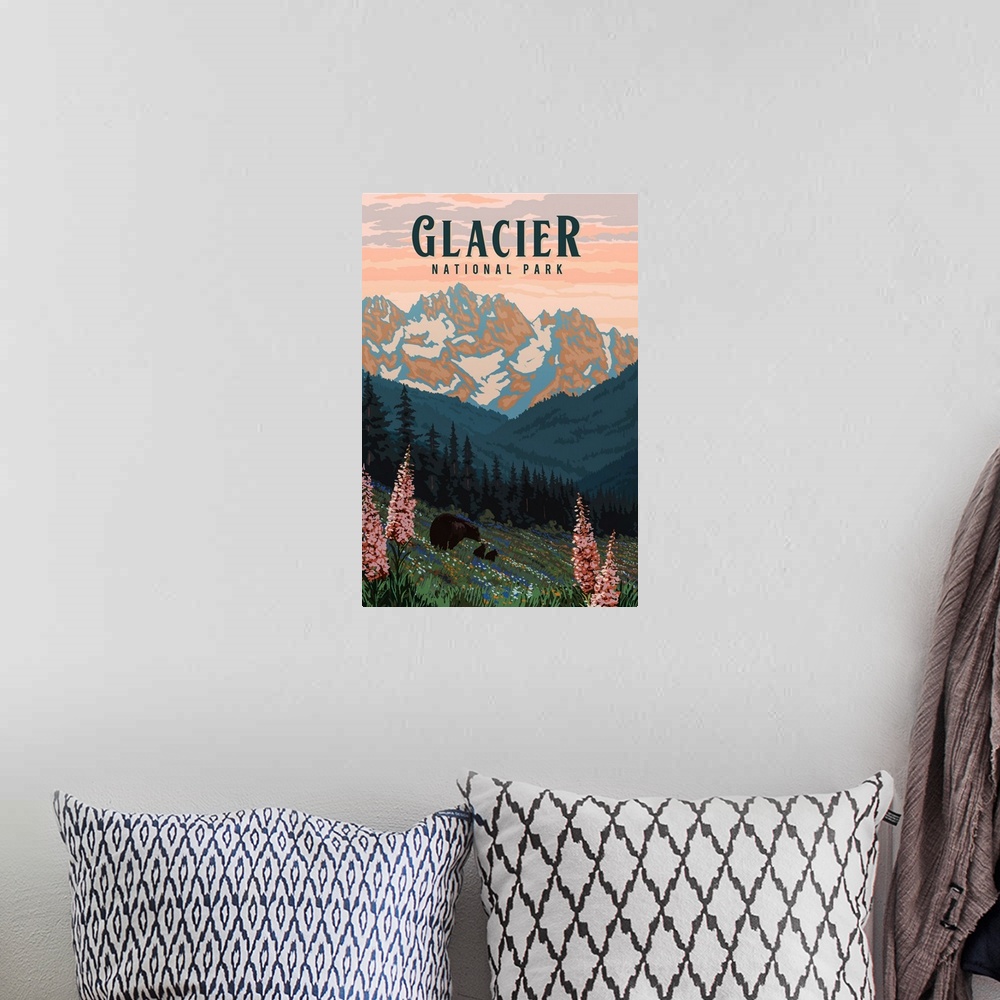 A bohemian room featuring Glacier National Park, Bear and Cubs: Retro Travel Poster