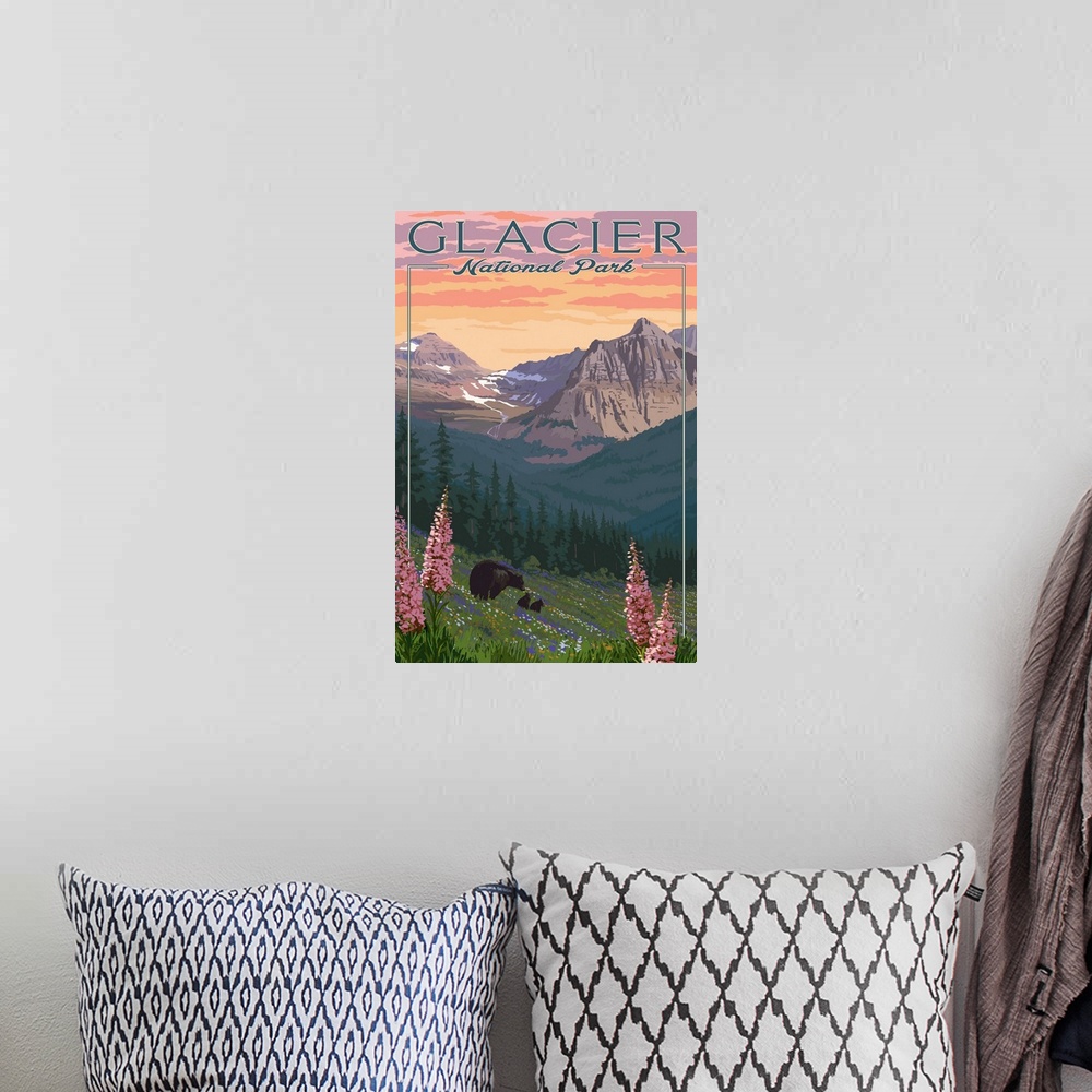 A bohemian room featuring Glacier National Park, Bear & Cubs: Retro Travel Poster