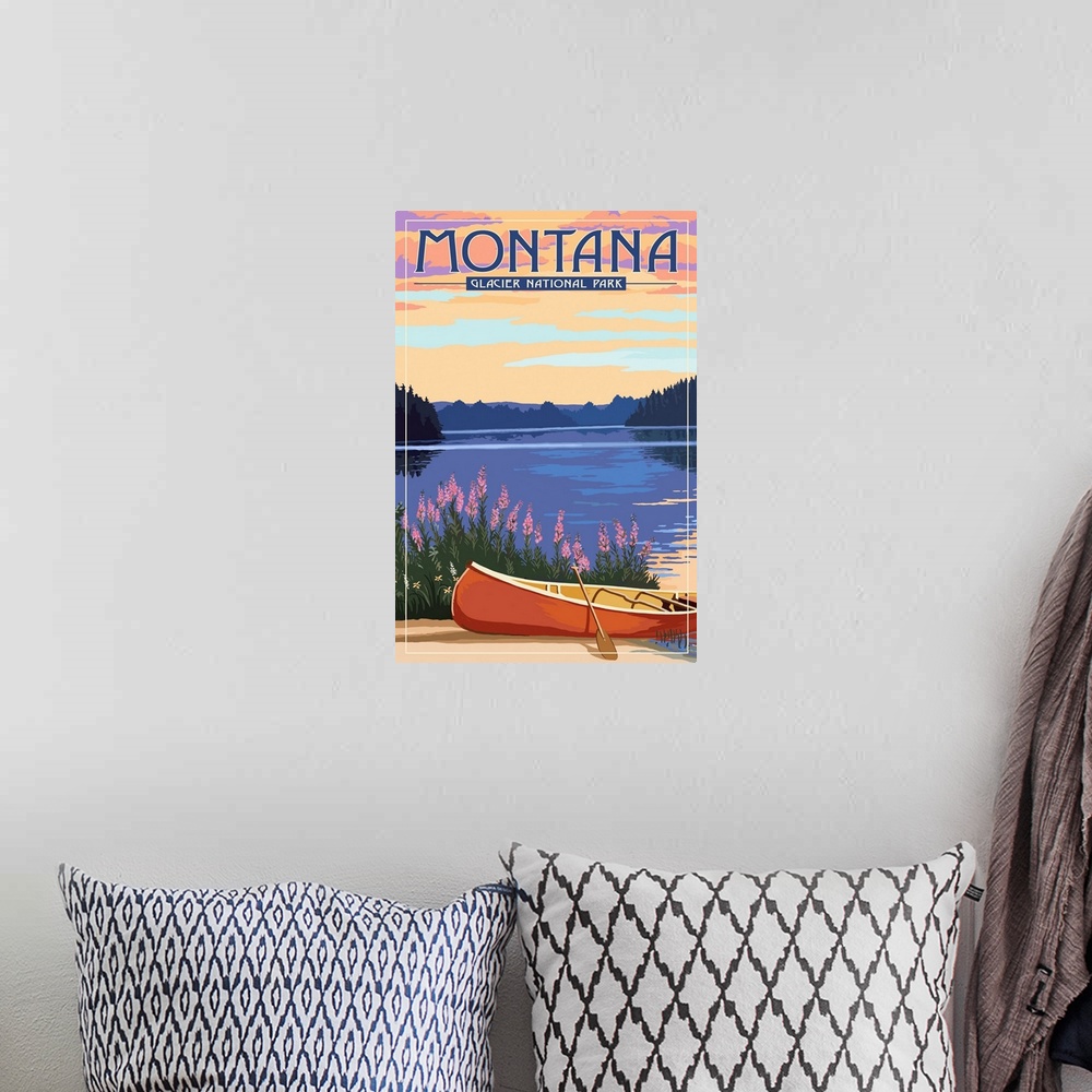 A bohemian room featuring Glacier National Park, Canoe: Retro Travel Poster