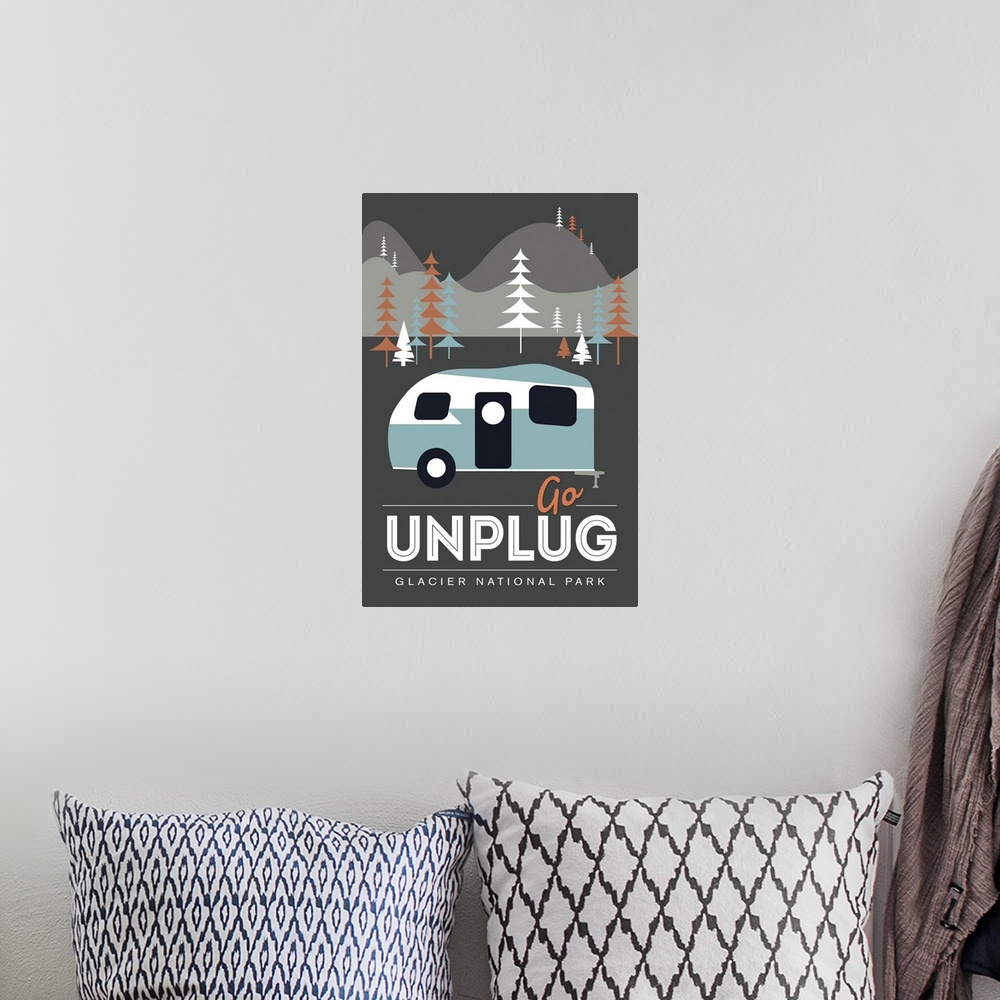 A bohemian room featuring Glacier National Park, Go Unplug: Graphic Travel Poster