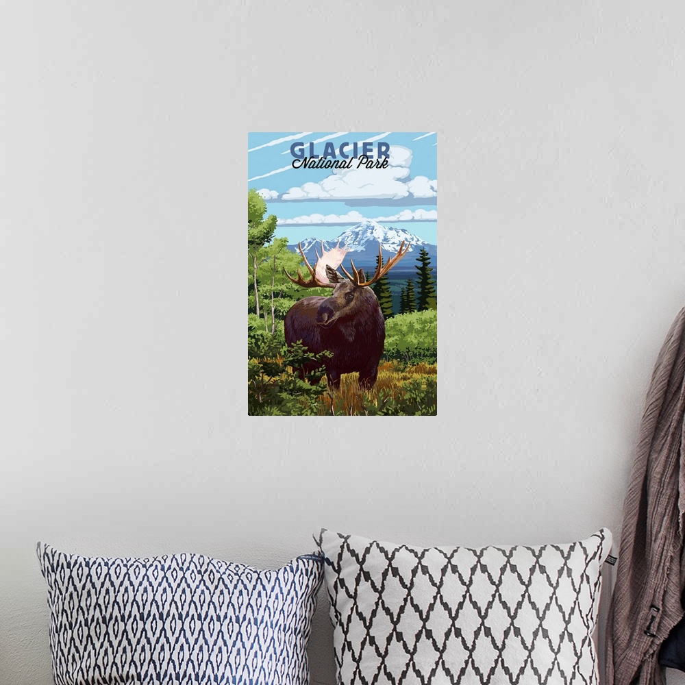 A bohemian room featuring Glacier National Park, Moose: Retro Travel Poster