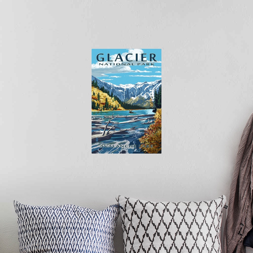 A bohemian room featuring Glacier National Park, Moose Swimming: Retro Travel Poster