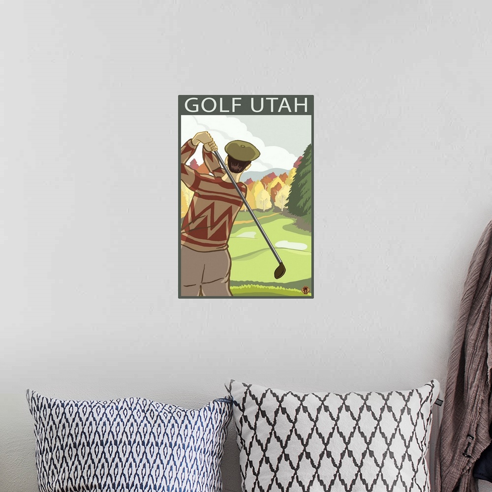 A bohemian room featuring Golfer Scene - Utah: Retro Travel Poster