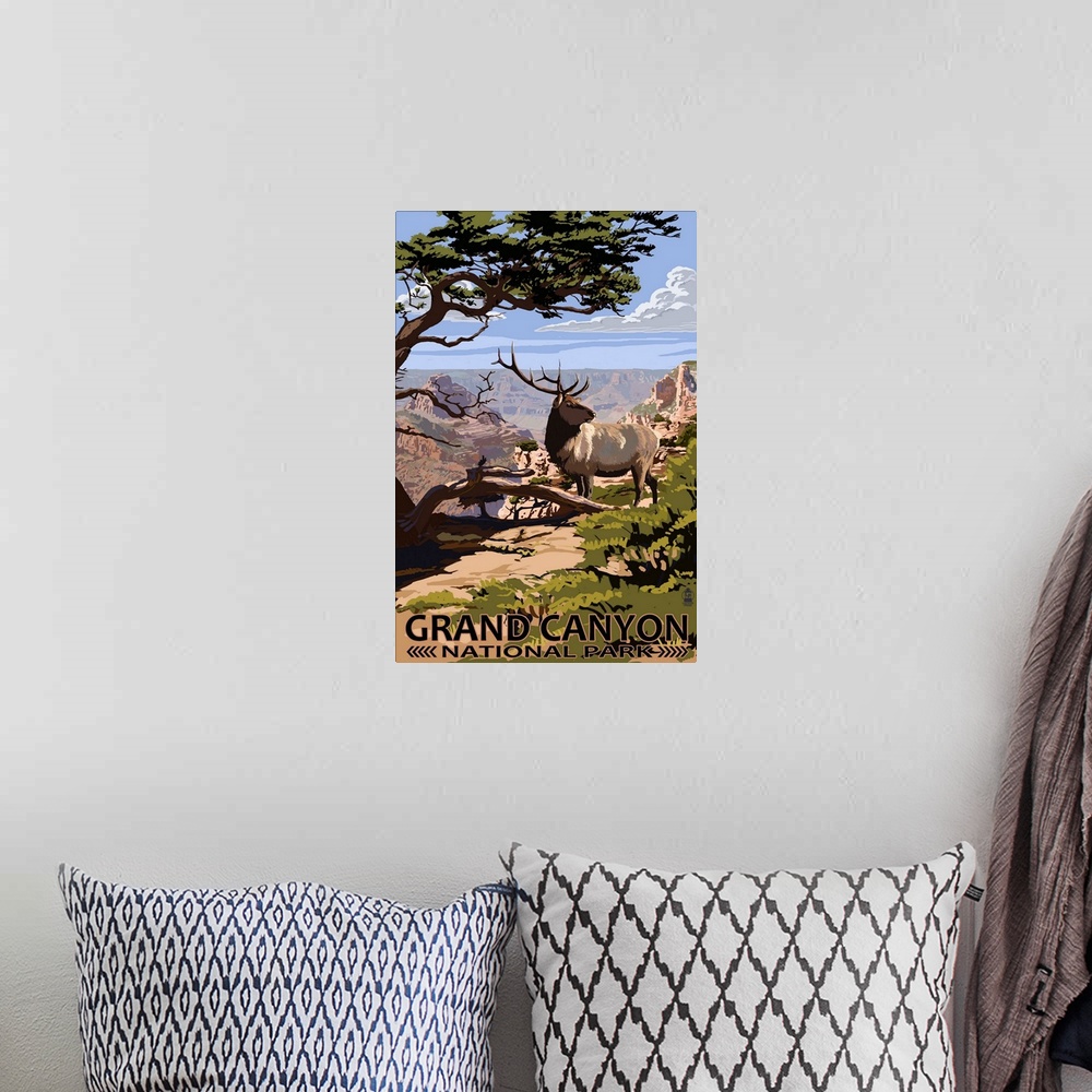 A bohemian room featuring Retro stylized art poster of a large deer standing in front of the Grand Canyon.