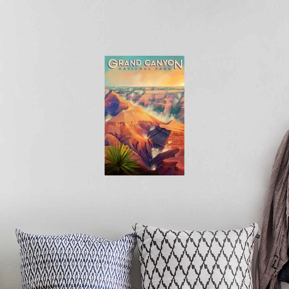 A bohemian room featuring Grand Canyon National Park, Fog In The Canyon: Retro Travel Poster