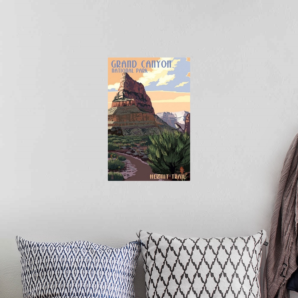 A bohemian room featuring Retro stylized art poster of a jagged rock formation in a giant canyon.