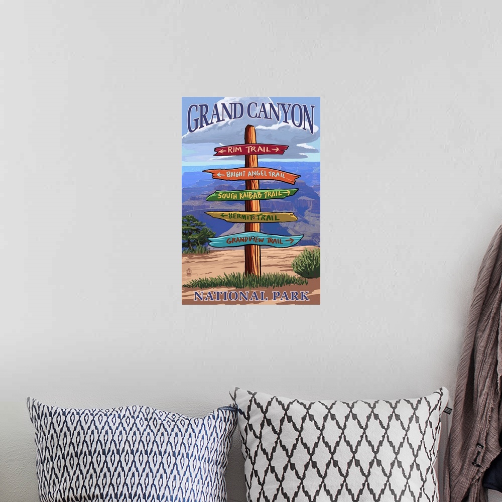 A bohemian room featuring Grand Canyon National Park, Trail Sign: Retro Travel Poster