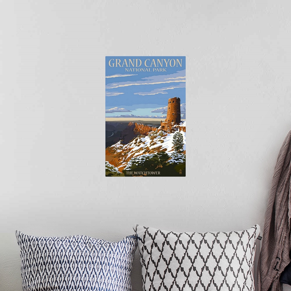 A bohemian room featuring Retro stylized art poster of a watchtower overlooking a giant canyon.
