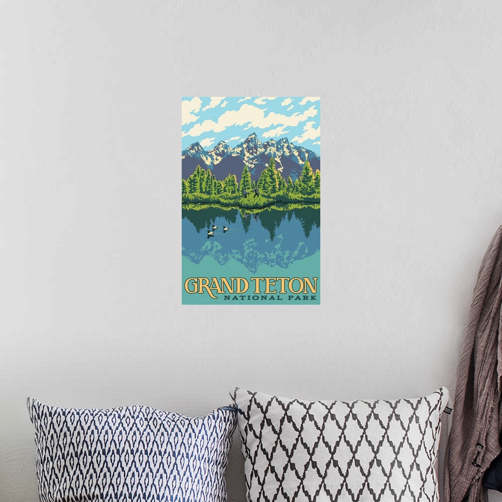 A bohemian room featuring Grand Teton National Park, Hiking In Wilderness: Graphic Travel Poster