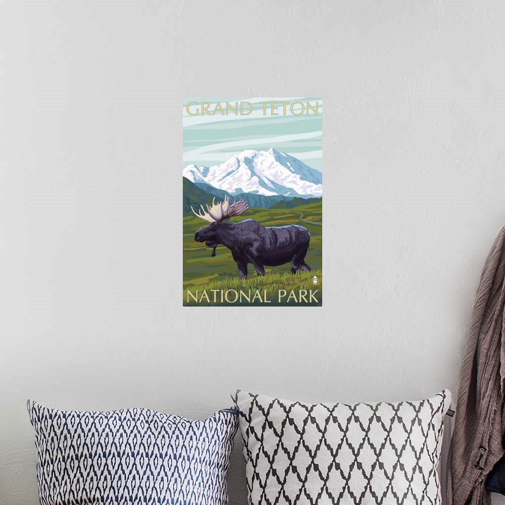 A bohemian room featuring Grand Teton National Park - Moose and Mountain: Retro Travel Poster