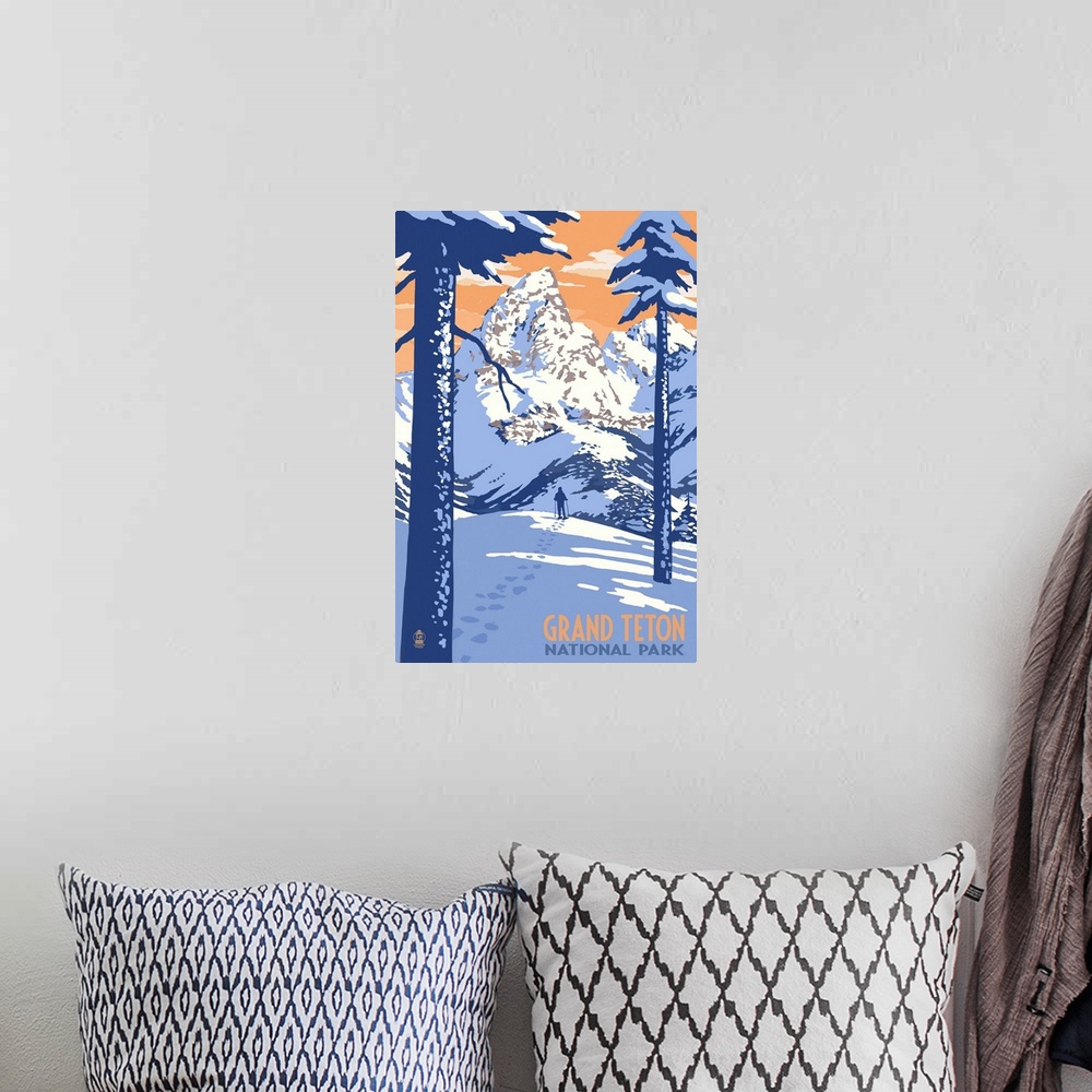 A bohemian room featuring Grand Teton National Park, Snowscape: Retro Travel Poster