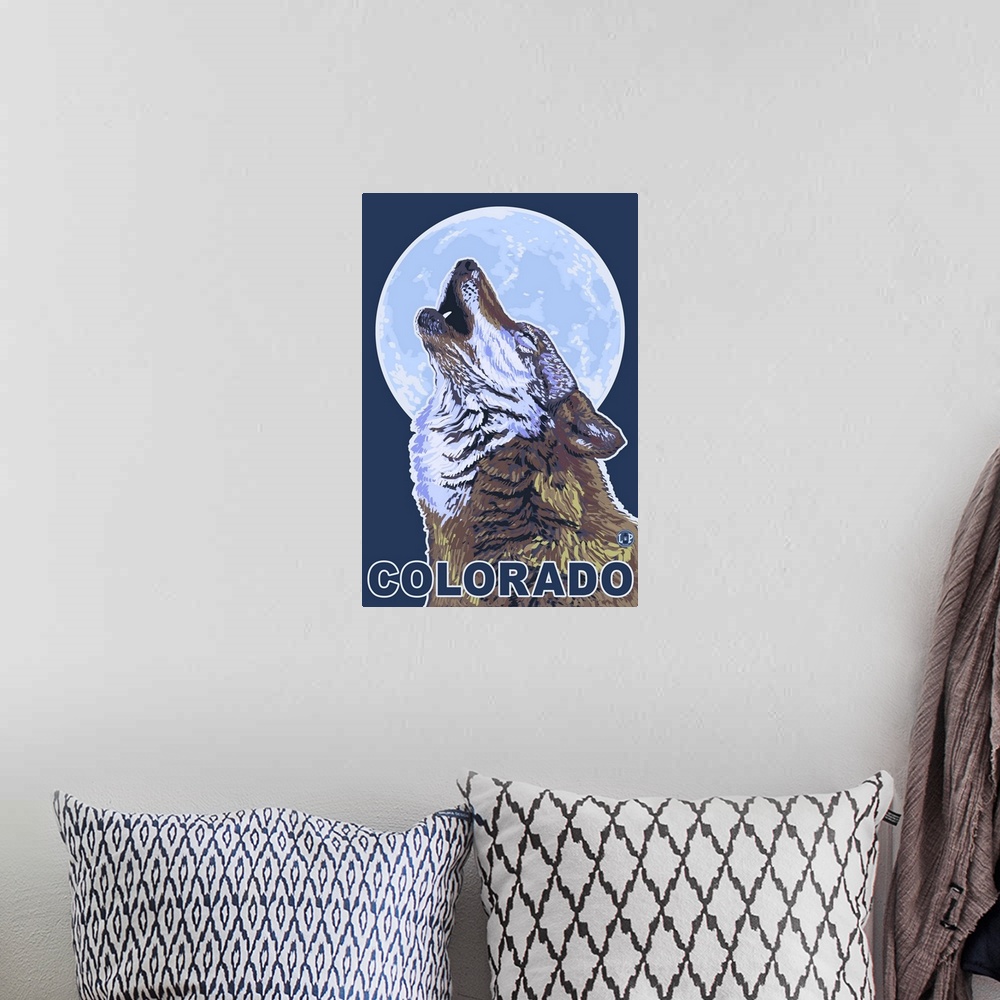 A bohemian room featuring Gray Wolf Howling - Colorado: Retro Travel Poster