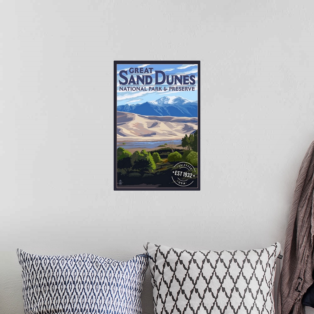 A bohemian room featuring Great Sand Dunes National Park, Est 1932: Retro Travel Poster