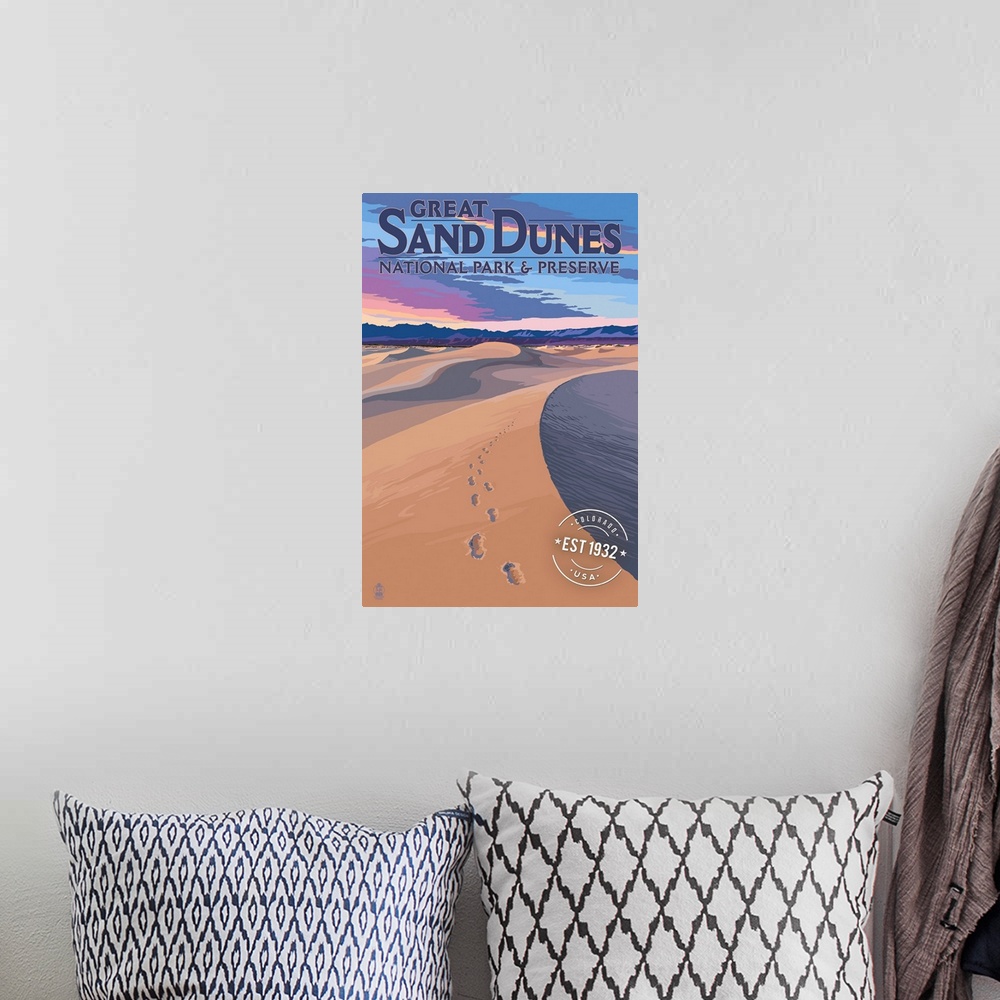 A bohemian room featuring Great Sand Dunes National Park, Footprints: Retro Travel Poster