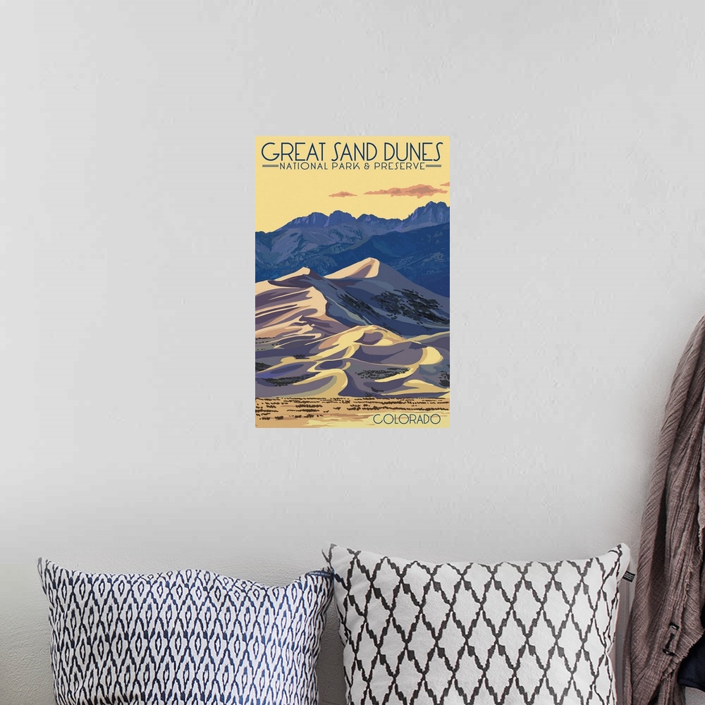 A bohemian room featuring Great Sand Dunes National Park, Natural Landscape: Retro Travel Poster