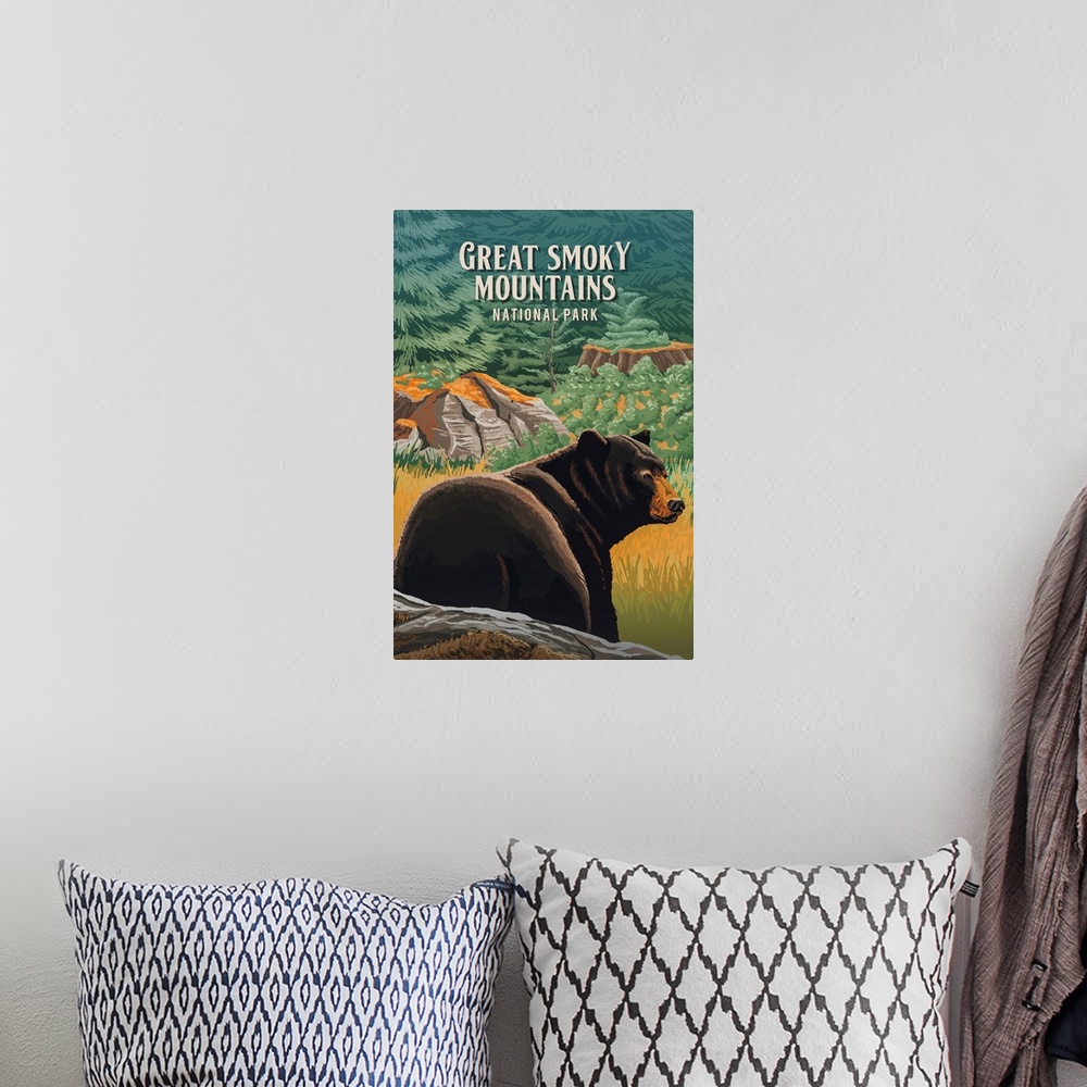 A bohemian room featuring Great Smoky Mountains National Park, Brown Bear: Retro Travel Poster