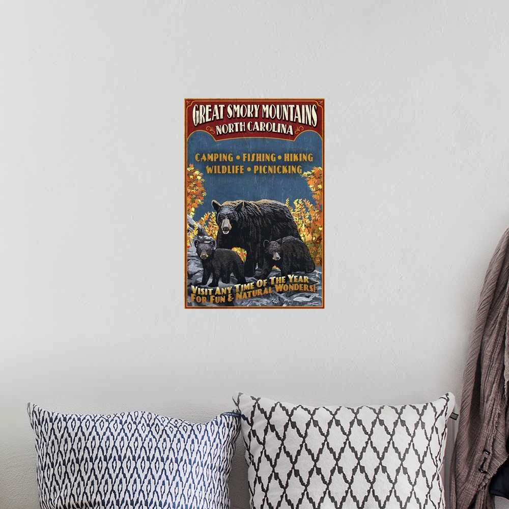 A bohemian room featuring Great Smoky Mountains, North Carolina - Black Bears Vintage Sign: Retro Travel Poster
