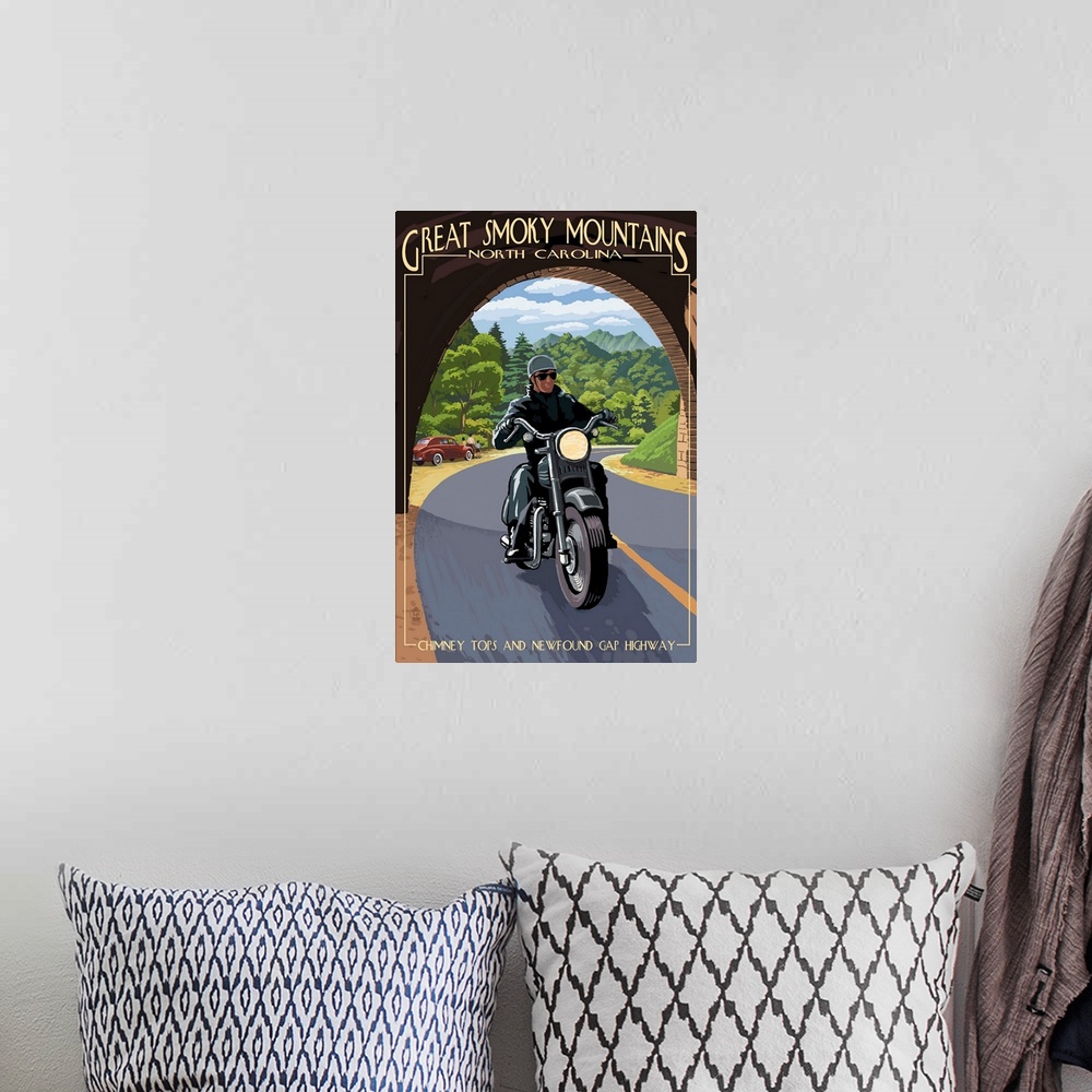 A bohemian room featuring Great Smoky Mountains, North Carolina - Motorcycle and Tunnel: Retro Travel Poster