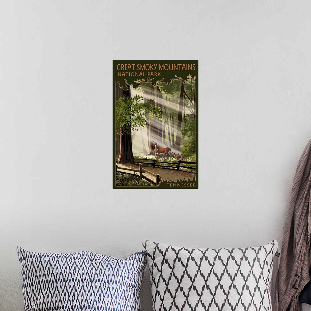 A bohemian room featuring Great Smoky Mountains, Tennessee - Pathway in Trees: Retro Travel Poster