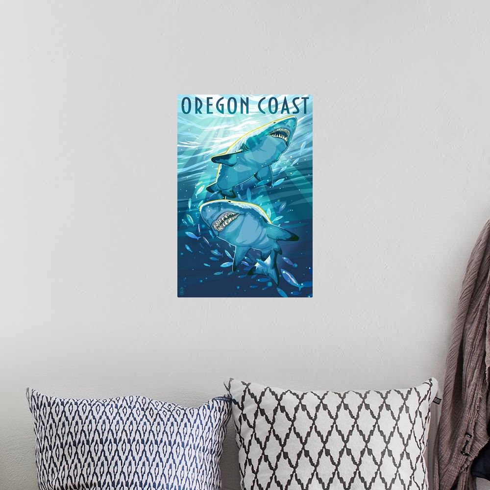 A bohemian room featuring Great White Shark - Oregon Coast: Retro Travel Poster