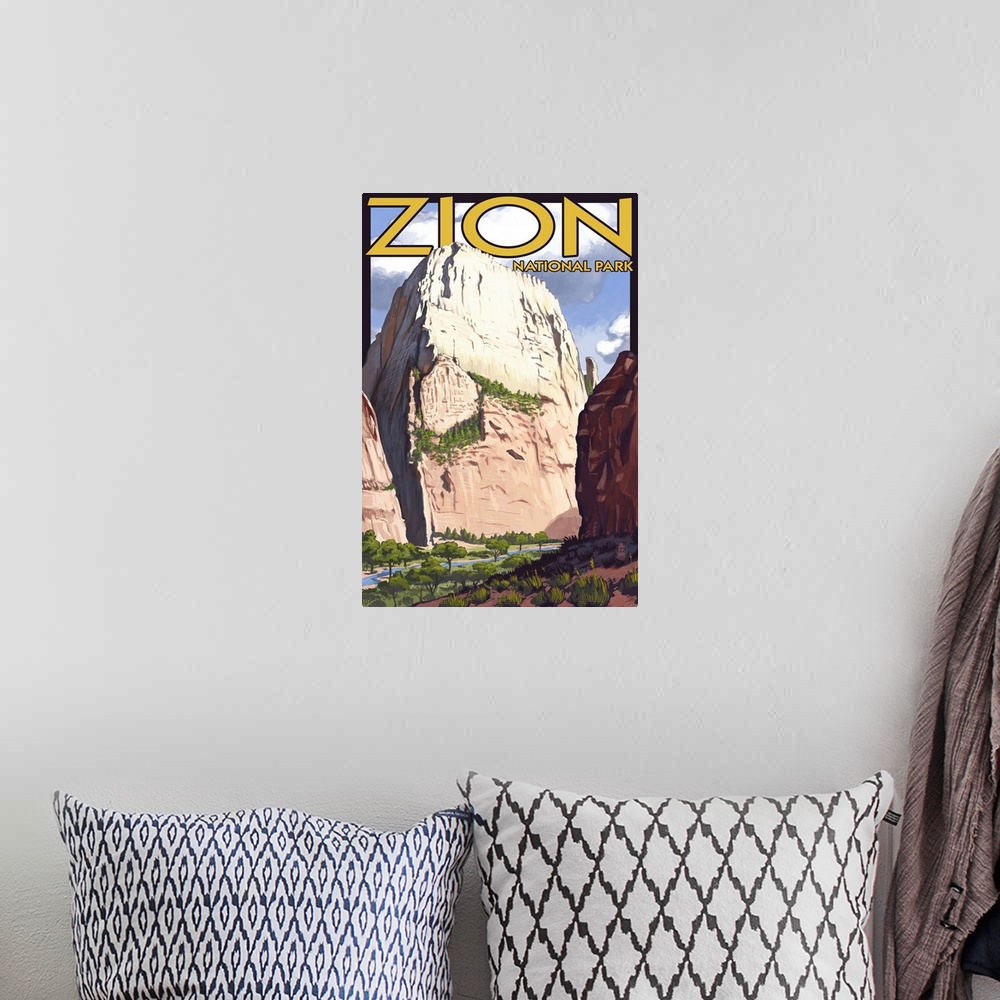 A bohemian room featuring Great White Throne - Zion: Retro Travel Poster