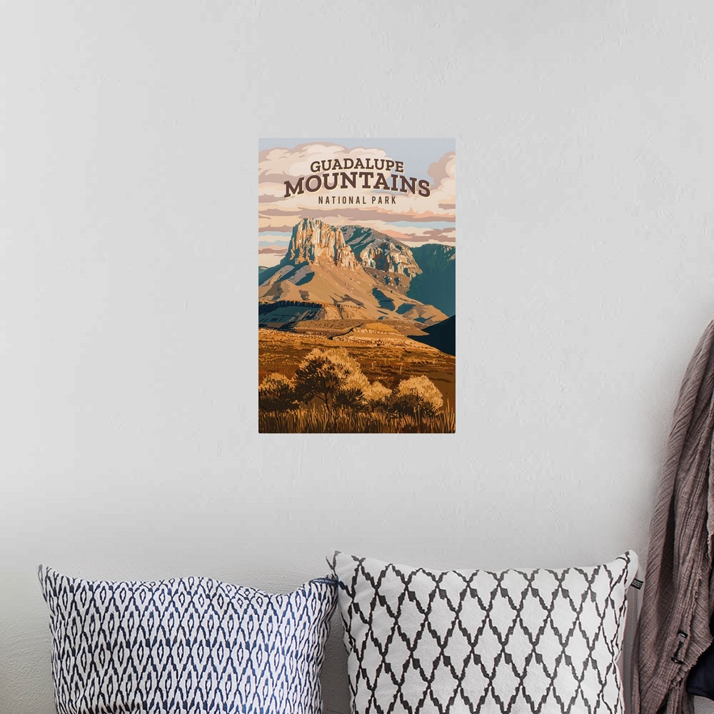 A bohemian room featuring Guadalupe Mountains National Park, Guadalupe Peak: Retro Travel Poster