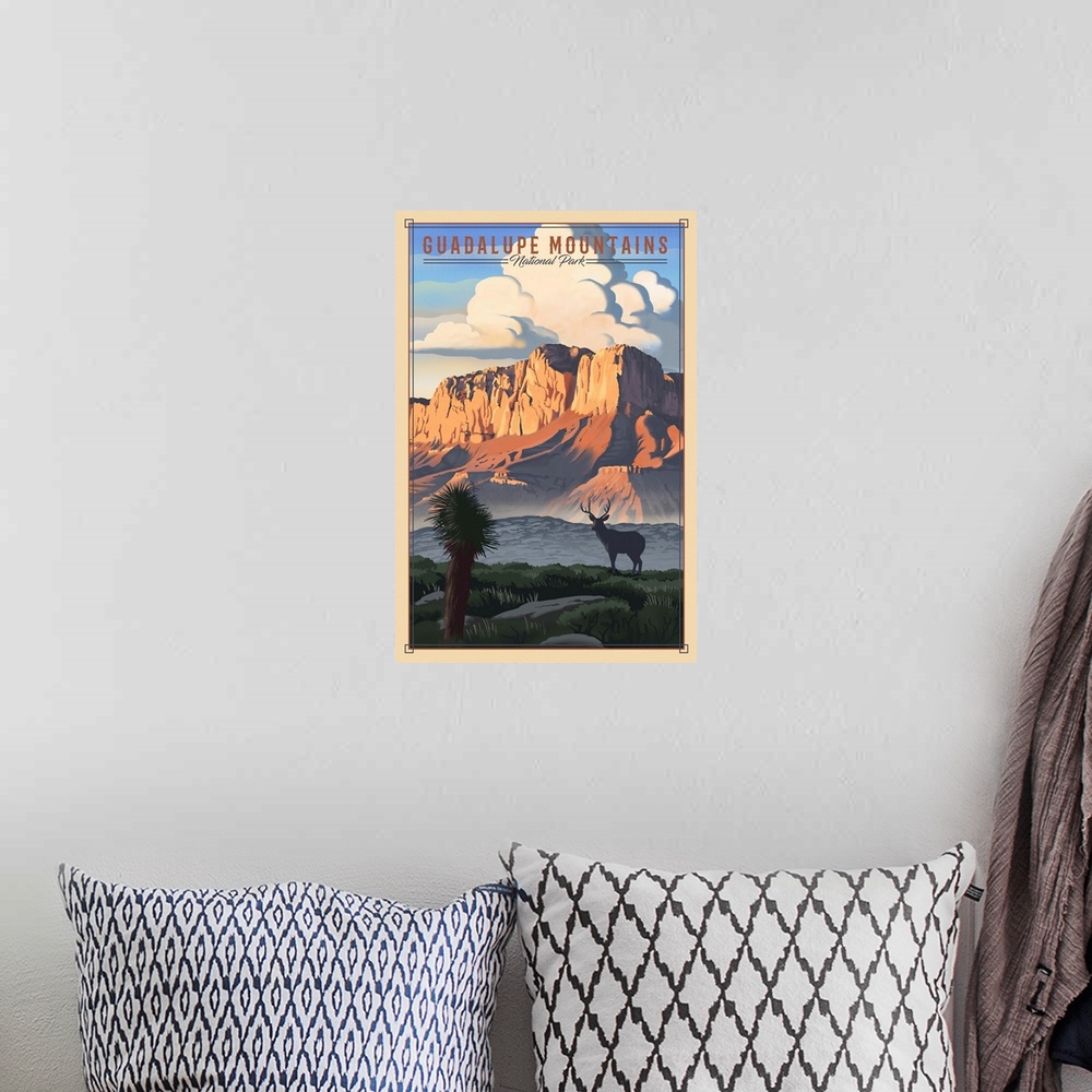 A bohemian room featuring Guadalupe Mountains National Park, Sunrise On Mountainscape: Retro Travel Poster