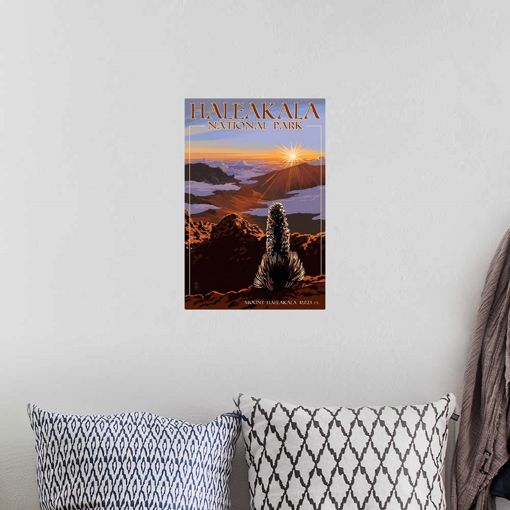A bohemian room featuring Haleakala National Park, Sunrise On Mount Haleakala: Retro Travel Poster