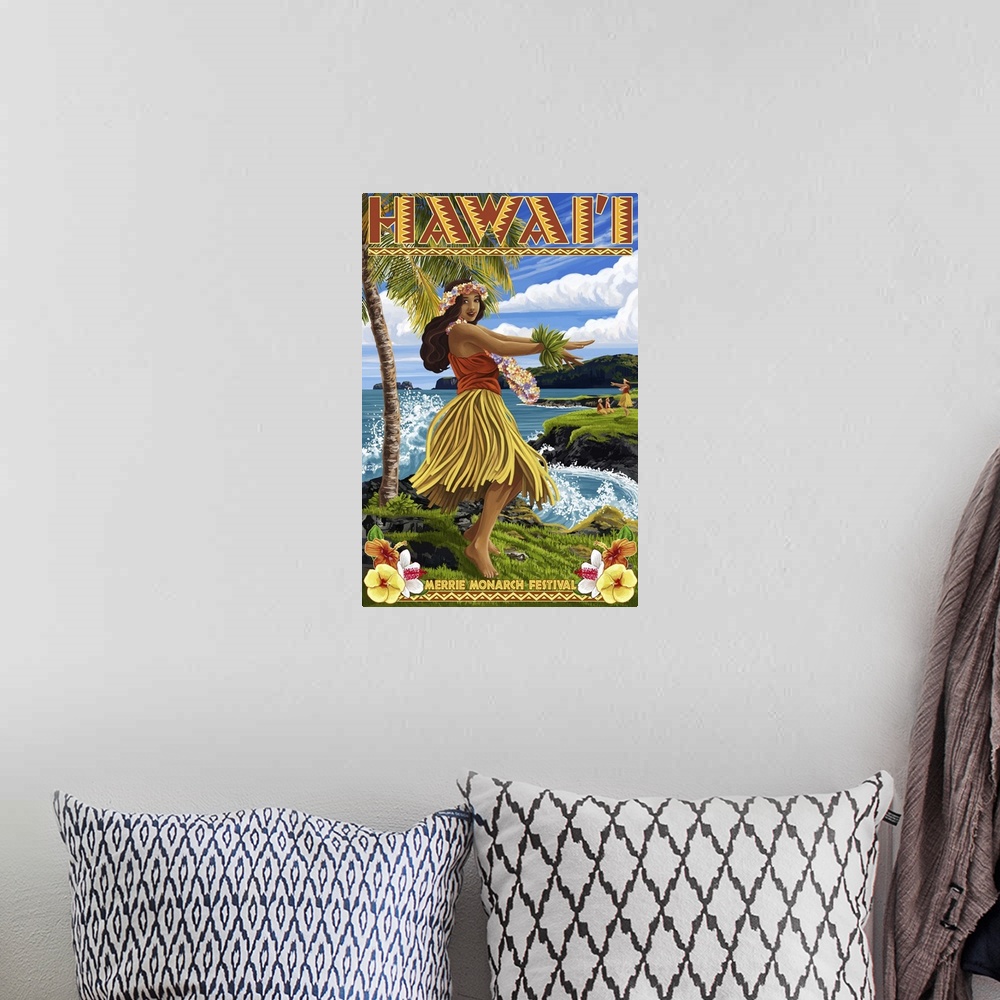 A bohemian room featuring Hawaii Hula Girl on Coast - Merrie Monarch Festival: Retro Travel Poster