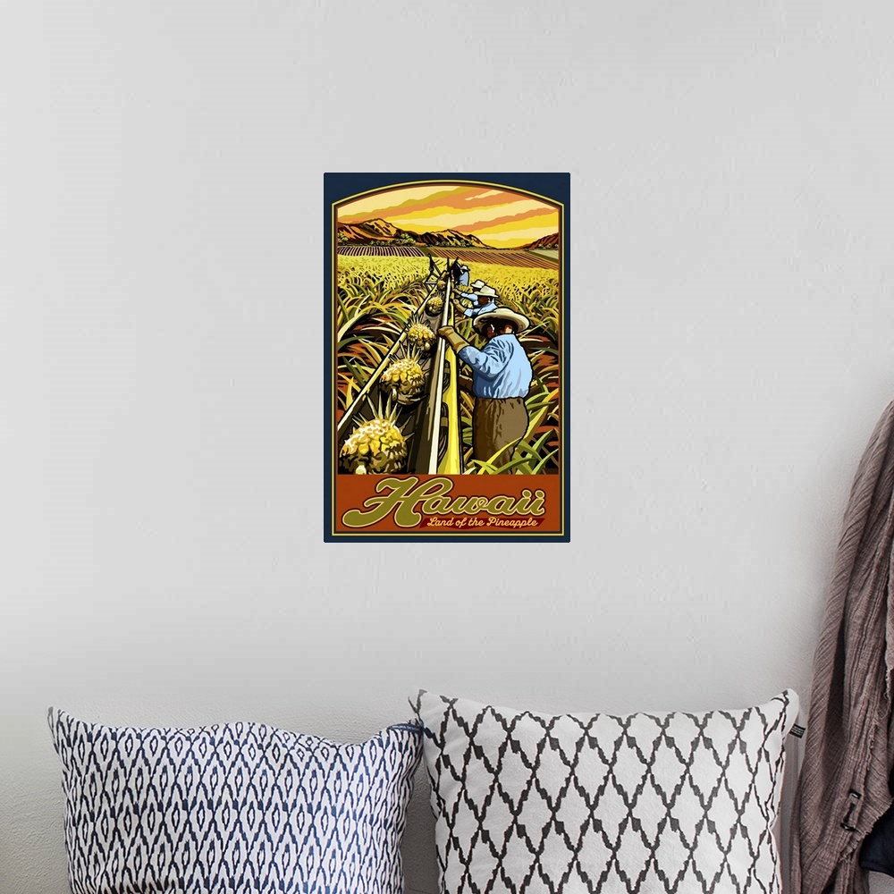 A bohemian room featuring Hawaii Pineapple Harvest: Retro Travel Poster