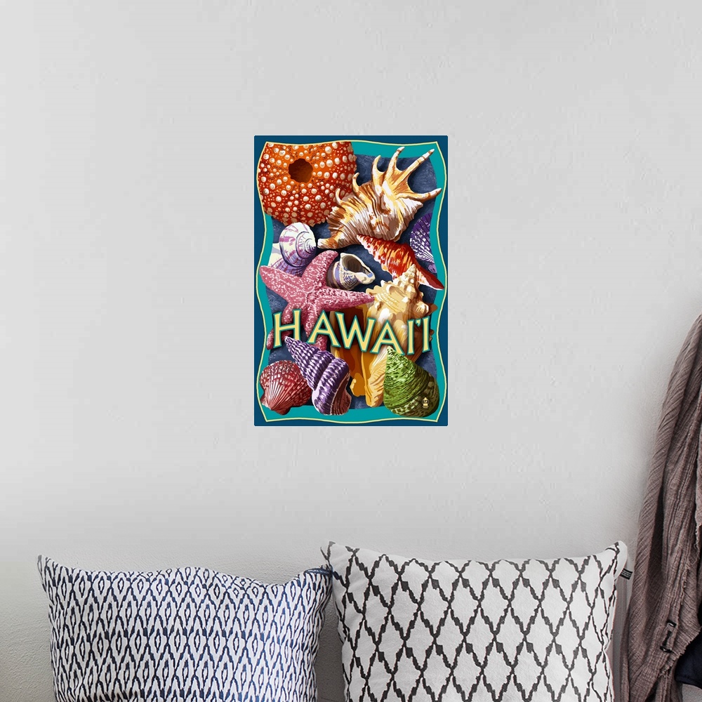 A bohemian room featuring Hawaii - Shells Montage: Retro Travel Poster
