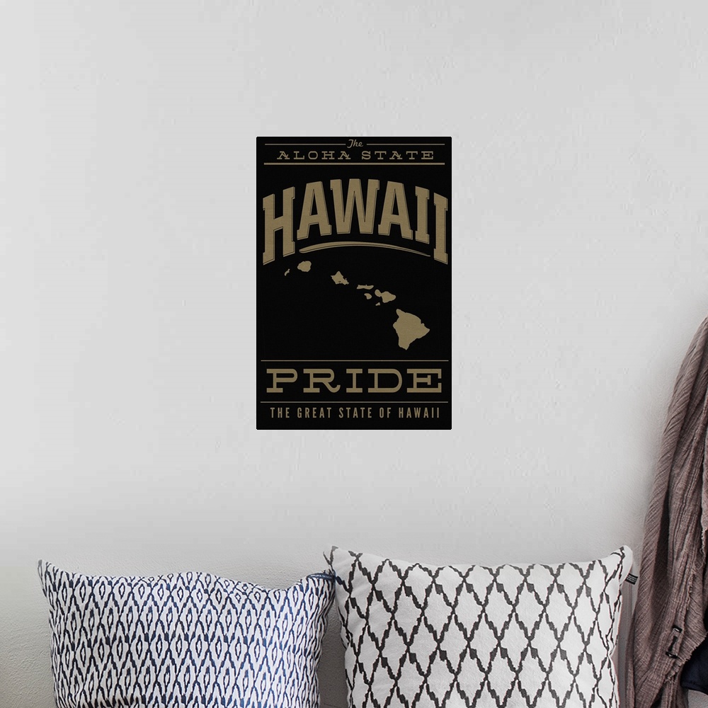 A bohemian room featuring The Hawaii state outline on black with gold text.