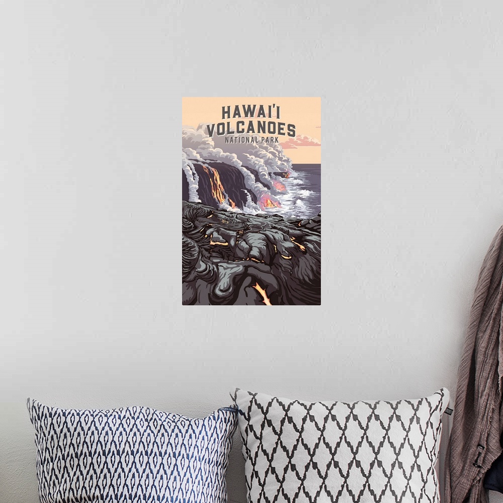 A bohemian room featuring Hawaii Volcanoes National Park, Lava Cooling: Retro Travel Poster