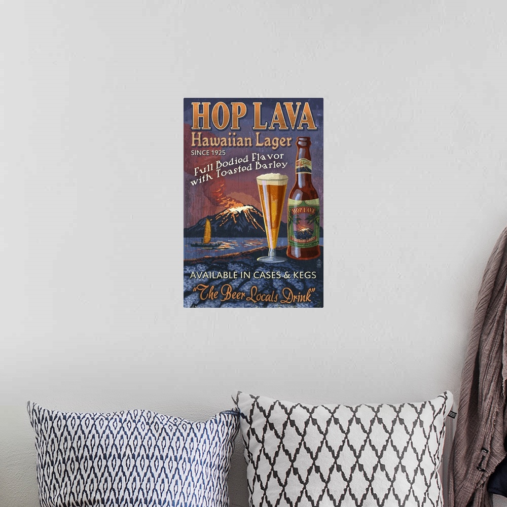 A bohemian room featuring Hawaiian Hop Lava Lager Vintage Sign: Retro Travel Poster