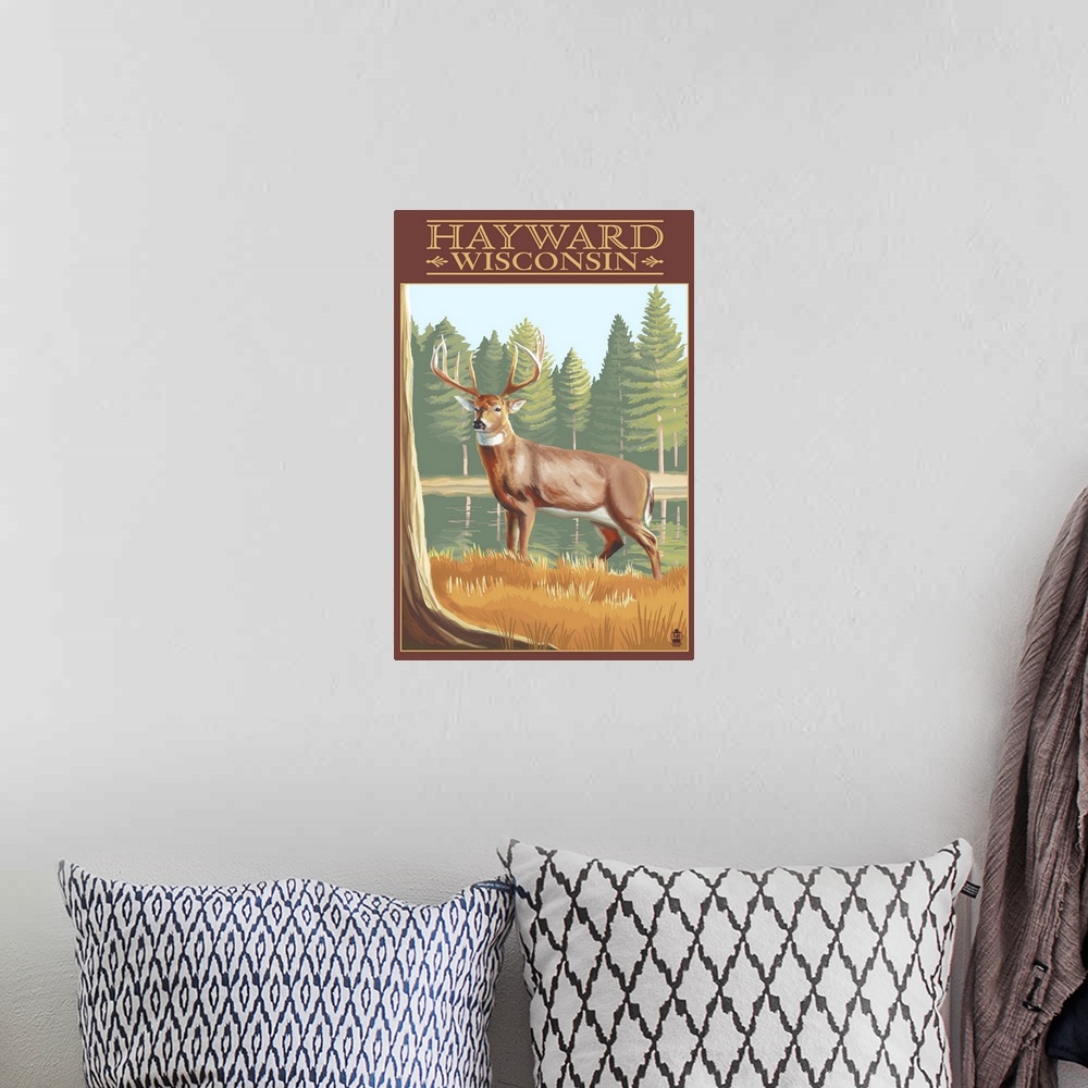 A bohemian room featuring Hayward, Wisconsin - White Tailed Deer: Retro Travel Poster
