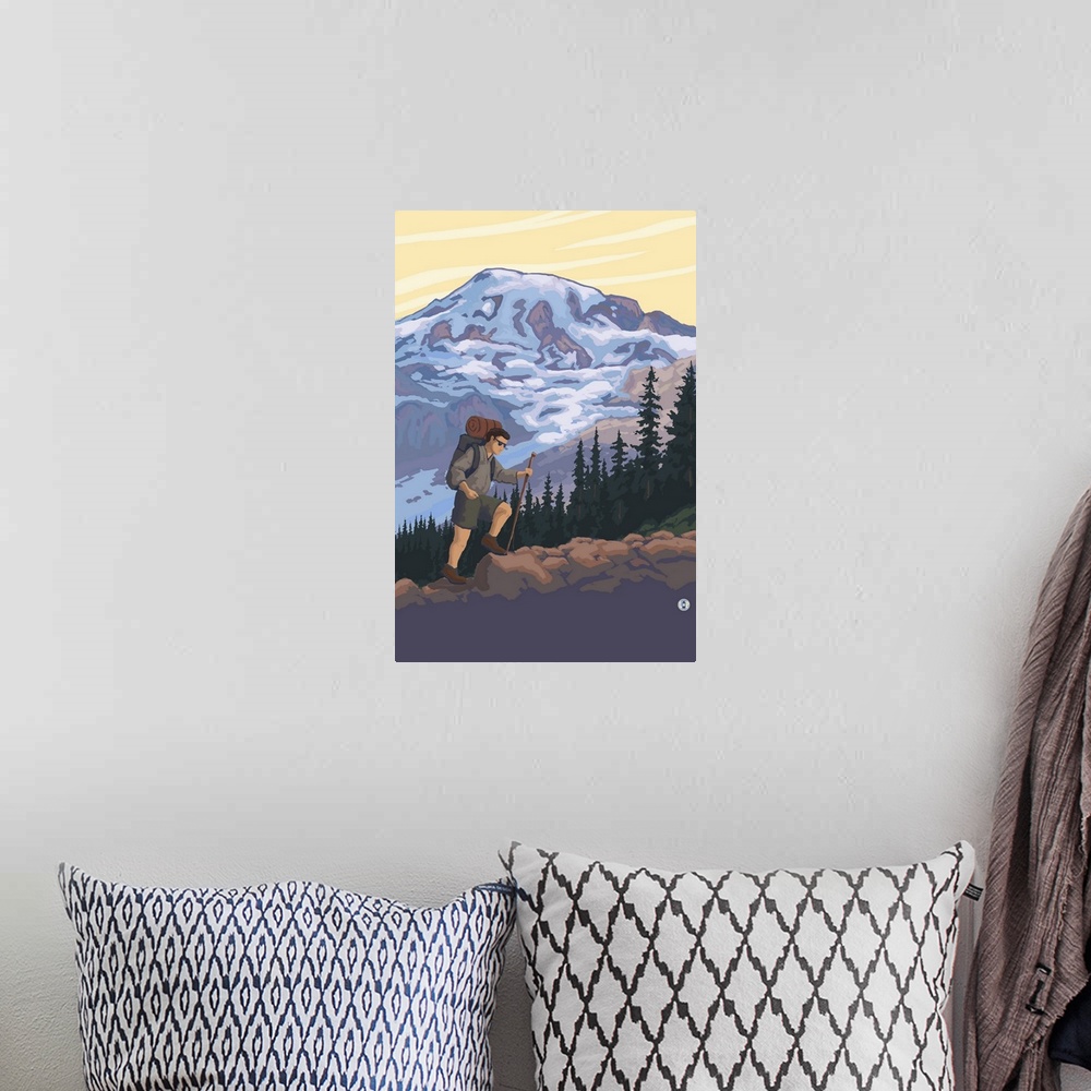 A bohemian room featuring Retro stylized art poster of a man hiking in the mountains.