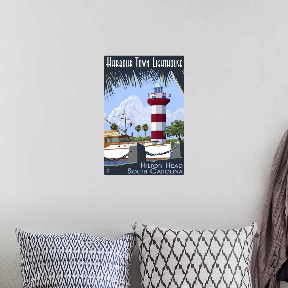 A bohemian room featuring Hilton Head, South Carolina - Harbour Town Lighthouse: Retro Travel Poster