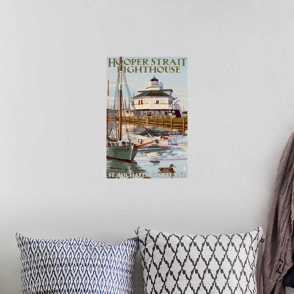 A bohemian room featuring Hooper Strait Lighthouse (Colorized) - St. Michaels, MD: Retro Travel Poster