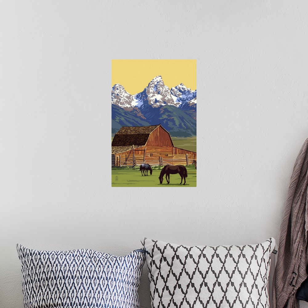 A bohemian room featuring Horses and Barn with Mountains: Retro Poster Art
