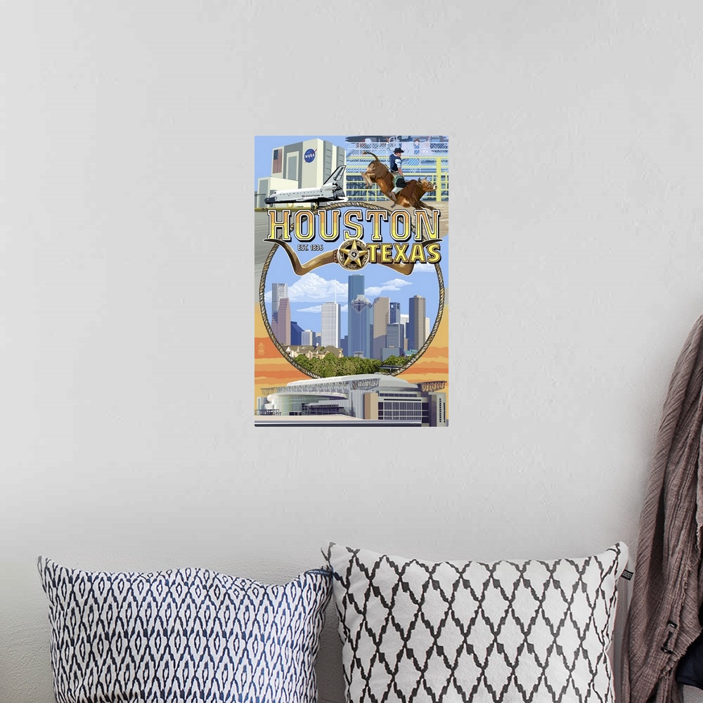 A bohemian room featuring Houston, Texas - Montage Scenes: Retro Travel Poster