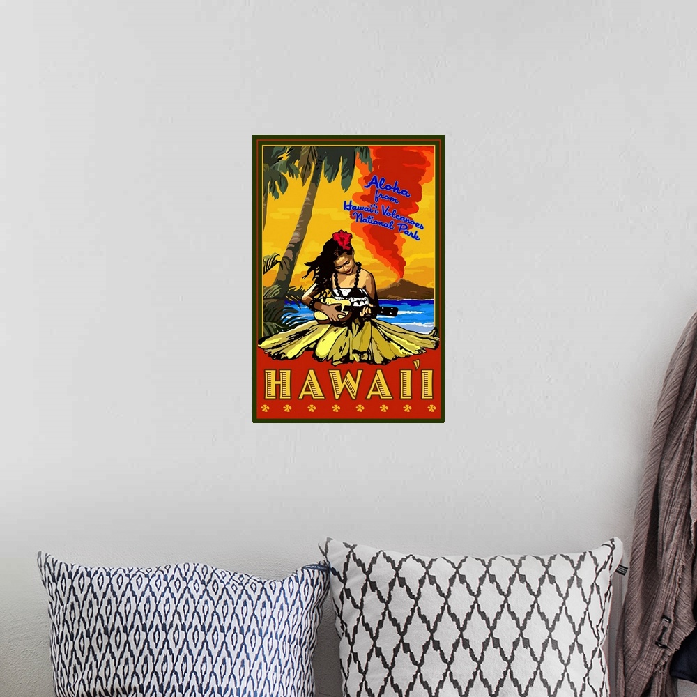 A bohemian room featuring Hula Girl and Ukulele - Aloha From Hawaii Volcanoes National Park: Retro Travel Poster