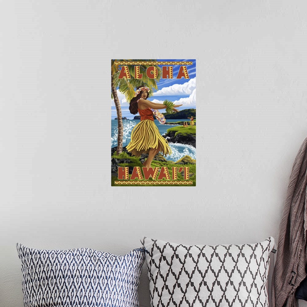 A bohemian room featuring Hula Girl on Coast - Aloha Hawaii -  : Retro Travel Poster