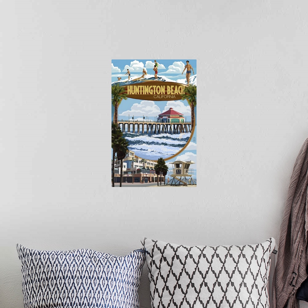 A bohemian room featuring Huntington Beach, California - Montage Scenes: Retro Travel Poster