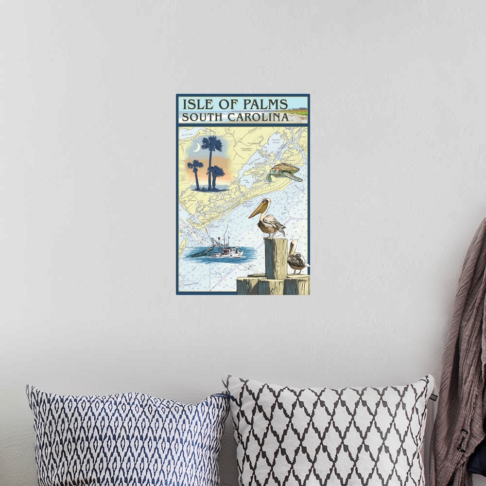 A bohemian room featuring Isle of Palms, South Carolina - Nautical Chart: Retro Travel Poster