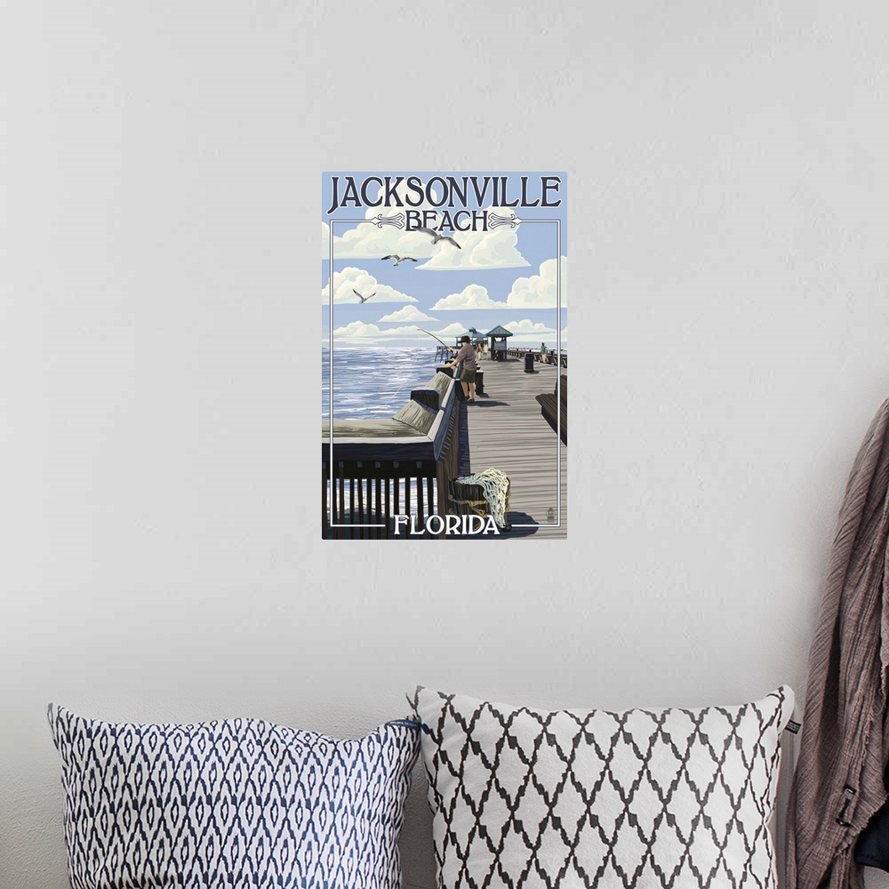 A bohemian room featuring Jacksonville Beach, Florida - Fishing Pier Scene: Retro Travel Poster