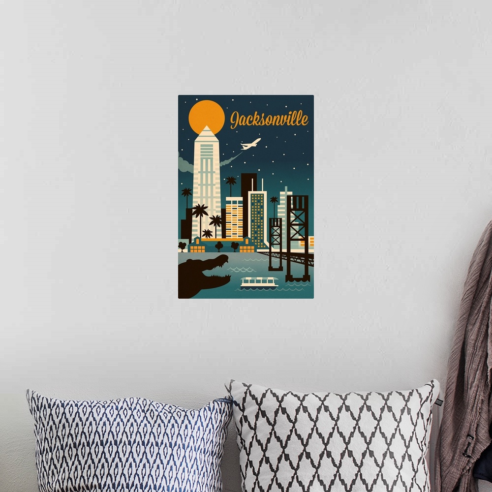 A bohemian room featuring Jacksonville, Florida - Retro Skyline Series