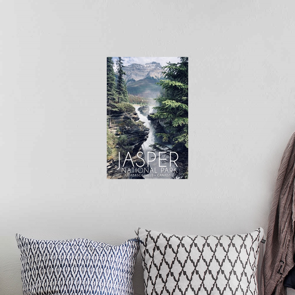 A bohemian room featuring Jasper National Park, Athabasca Falls: Travel Poster