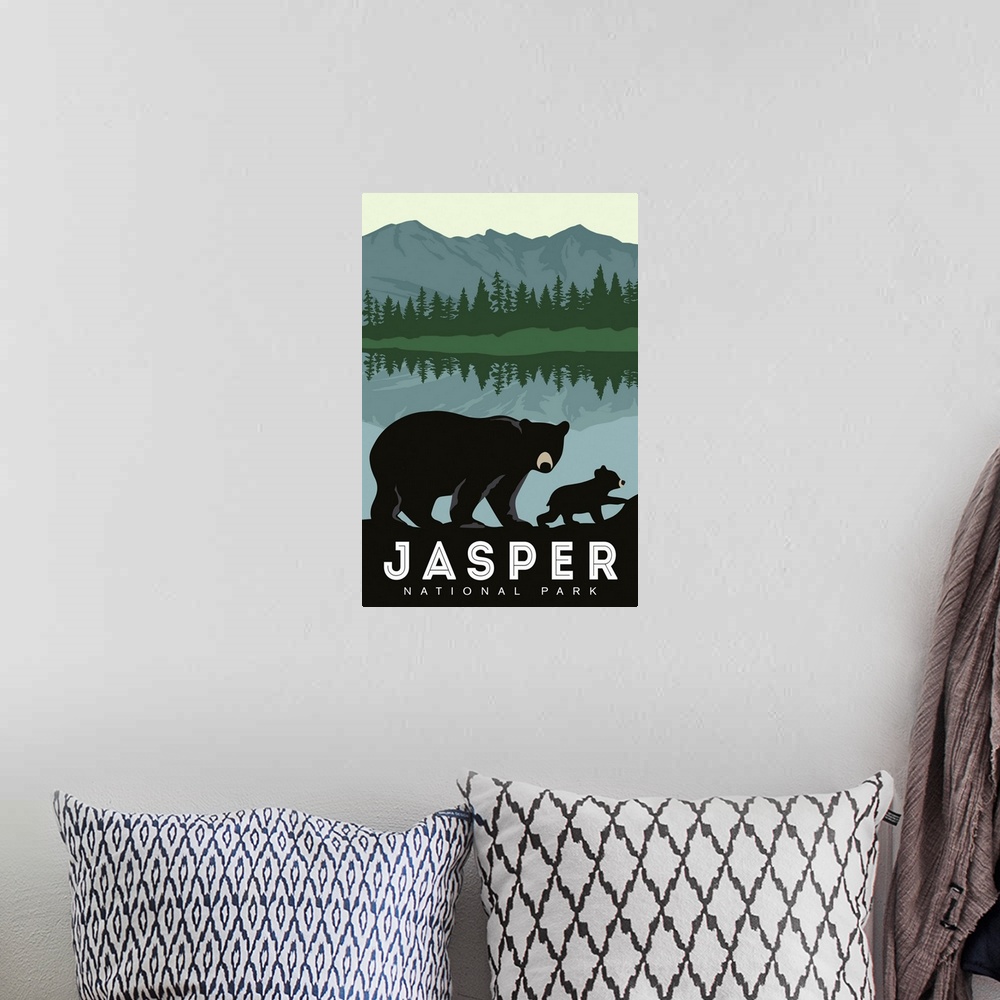 A bohemian room featuring Jasper National Park, Bear And Cub: Graphic Travel Poster