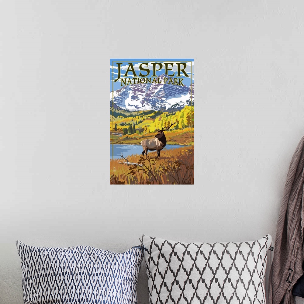 A bohemian room featuring Jasper National Park, Moose In Field: Retro Travel Poster
