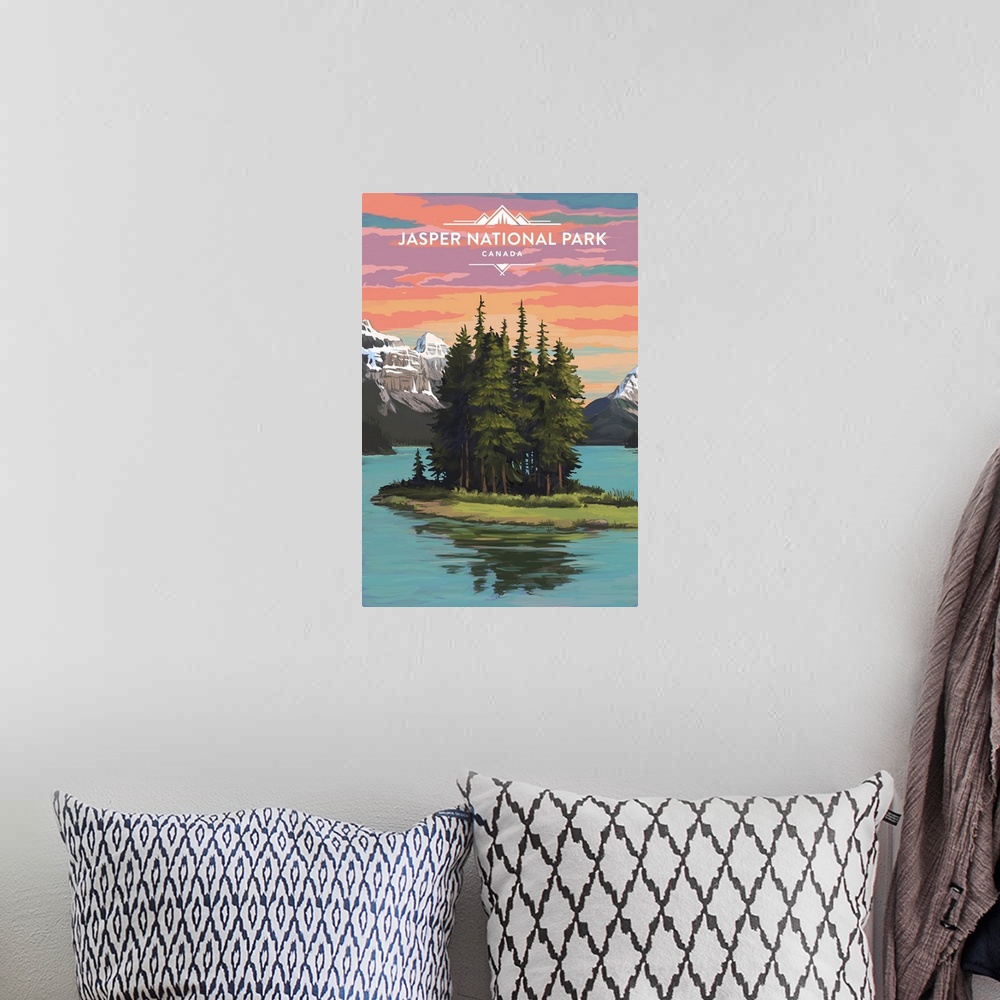 A bohemian room featuring Jasper National Park, Spirit Island: Retro Travel Poster